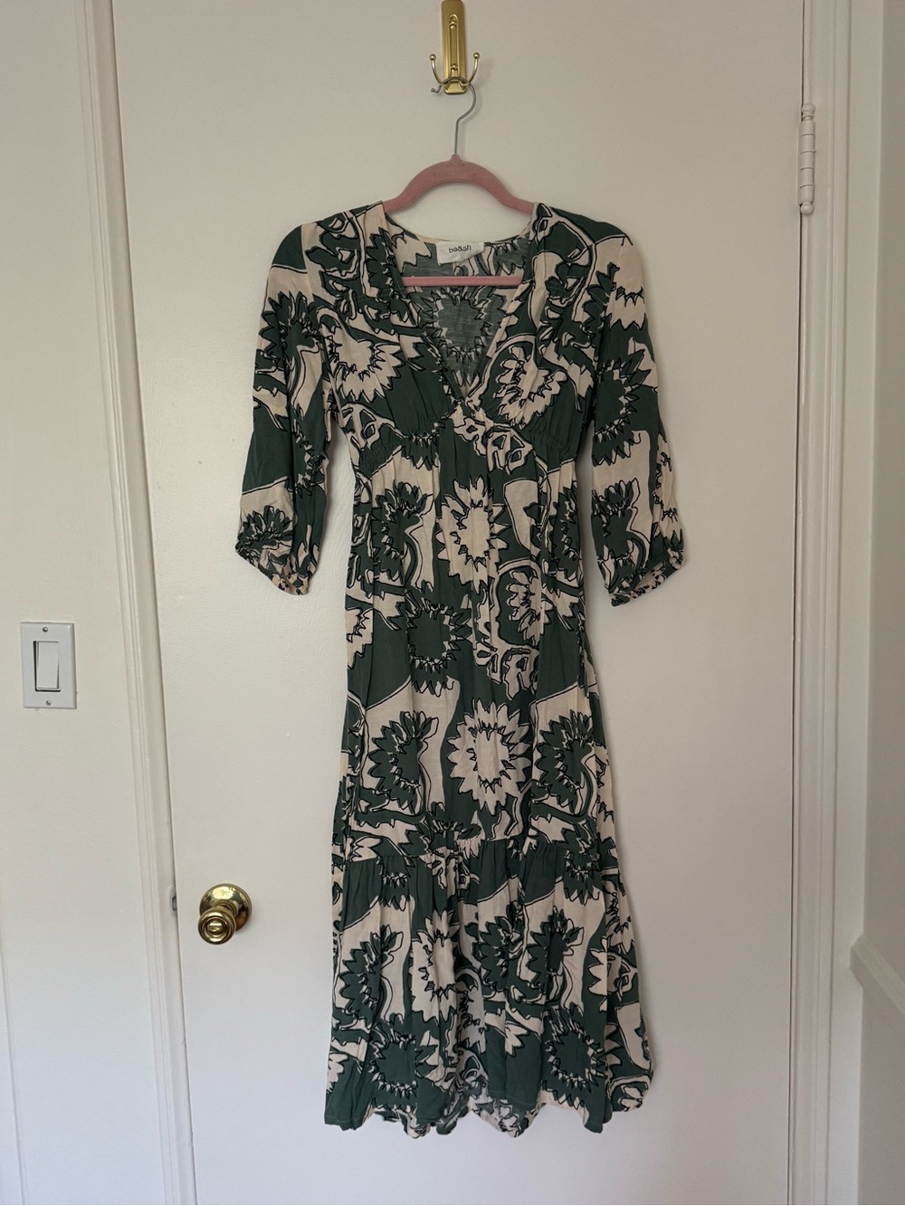 ba&sh Green and Cream Floral Midi Dress